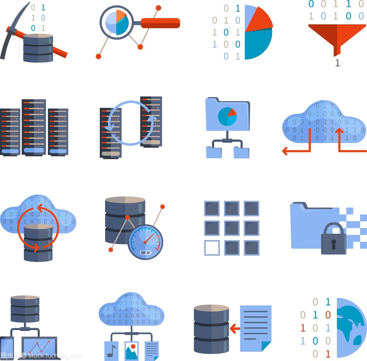 數(shù)據(jù)處理圖標(biāo)。數(shù)據(jù)處理和信息分析平面彩色圖標(biāo)設(shè)置孤立的矢量圖